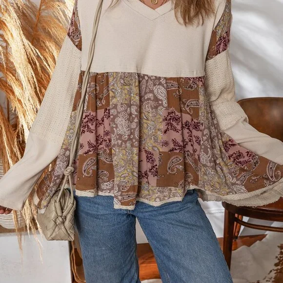 B296 Beige Paisley Print Waffle Patchwork Long Sleeve Loose Top - Picture 2 of 5
